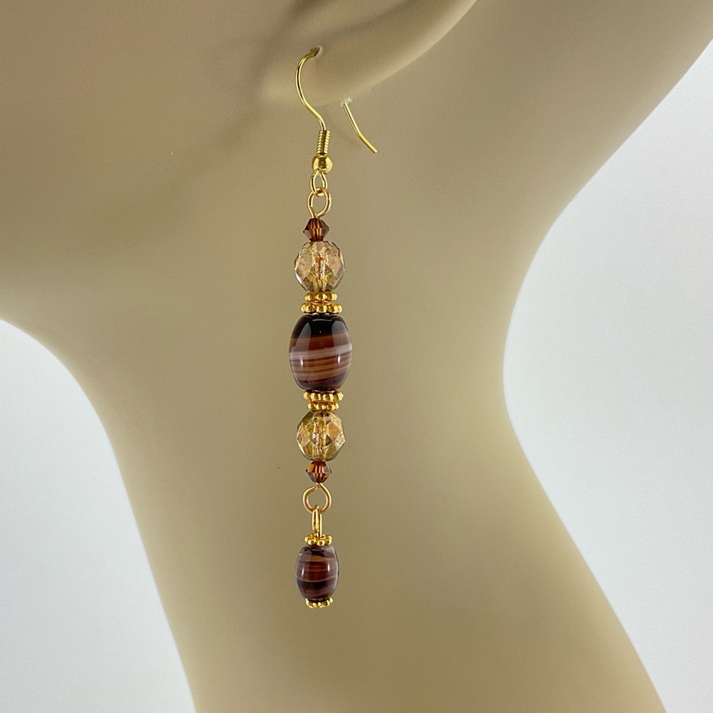 Art Glass Dangle Earrings, Handmade, Vintage Brown Swirl Beads, Crystals, BoHo - Picture 2 of 10